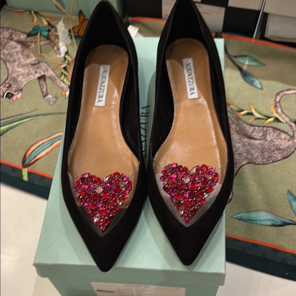 Aquazurra “love me ballet” Black and Pink Flats with Heart Embellishments